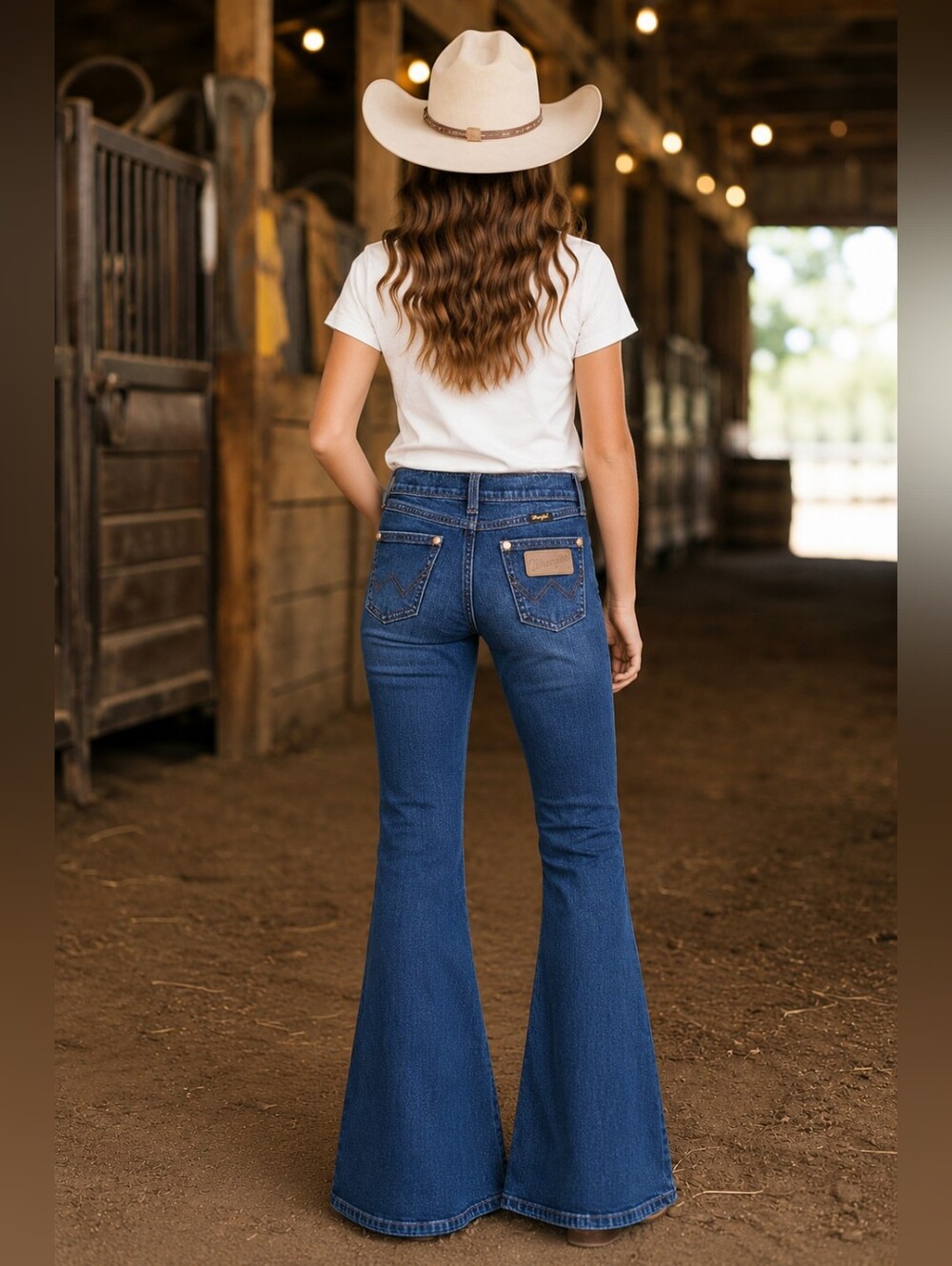 Girls WRANGLER X Lainey Wilson Baskin Blue Bellbottom flare jeans sz 12 Slim EUC